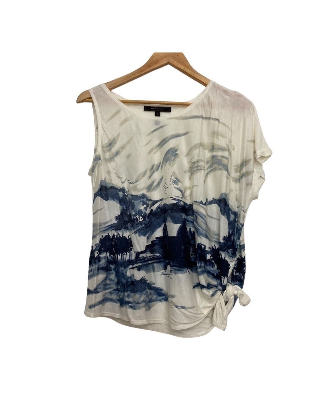 BCBGMAXAZRIA Kali asymetrical top ecru navy blue cream combo tank tee small